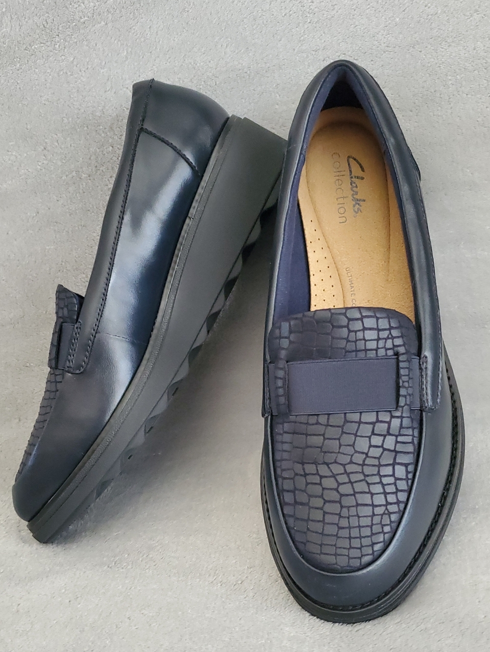 🆕️ CLARKS COLLECTION Sharon Navy Leather Wedge Heel Loafers WOMEN'S SIZE: 8½W